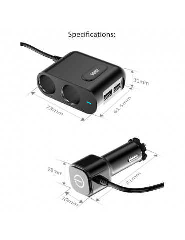 Chargeur de voiture WE - 90W Max 2 prises allume cigare adaptateur + 2  Ports USB