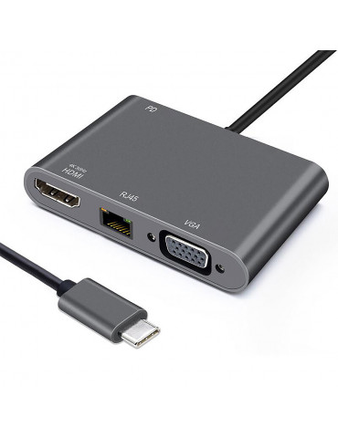 Adaptateur USB C HEDEN USB C male / HDMI F+VGA F+RJ45 HDMI 40/30HZ, VGA 1920*108