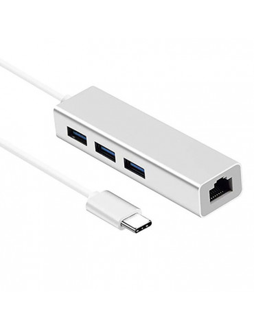 HUB USB-C HEDEN 3 ports USB-A + RJ45 1000Mbps Plug&Play en alu argenté