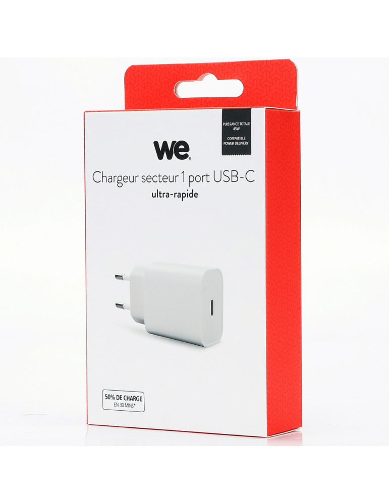Chargeur secteur WE 1 Port USB-C : 5V/3A, 9V/3A, 12V/3A, 15V/3A
