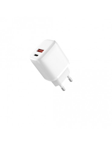 Chargeur secteur 2 sorties 1 USB A et 1 USB C Capacité totale 3A - 20W - blanc